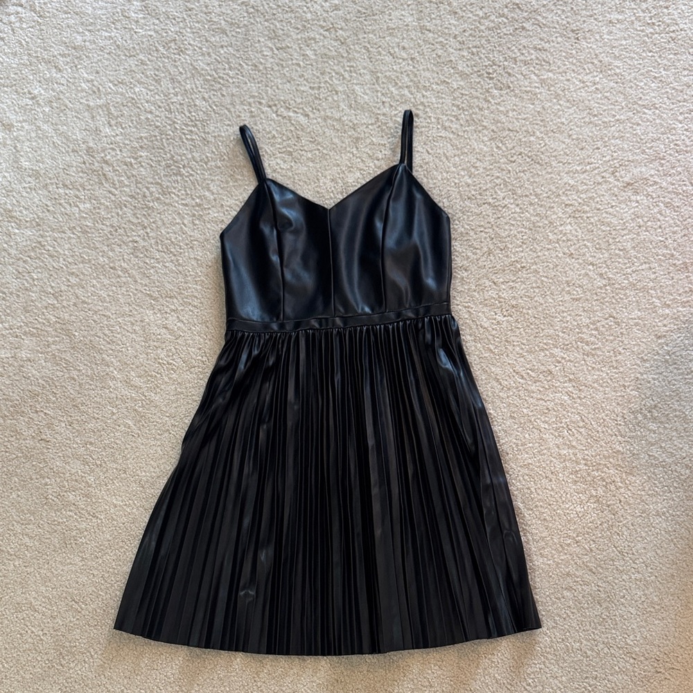 Steve Madden Black Faux-Leather Pleated Spaghetti-Strap Mini Dress